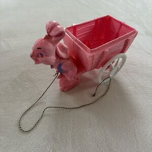 Vintage Easter Blow Mold Pink Plastic Bunny with Cart